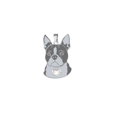 Silver Boston Terrier pendant with a heart, FREE ENGRAVING - MEJK Jewellery