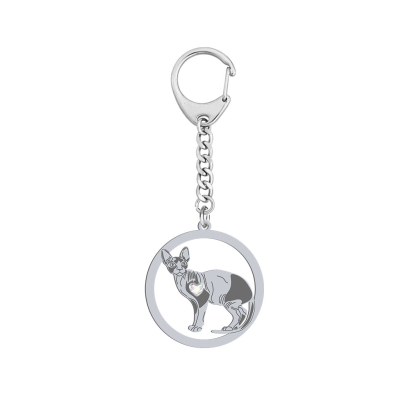 Silver Sphynx Cat keyring with a heart, FREE ENGRAVING - MEJK Jewellery