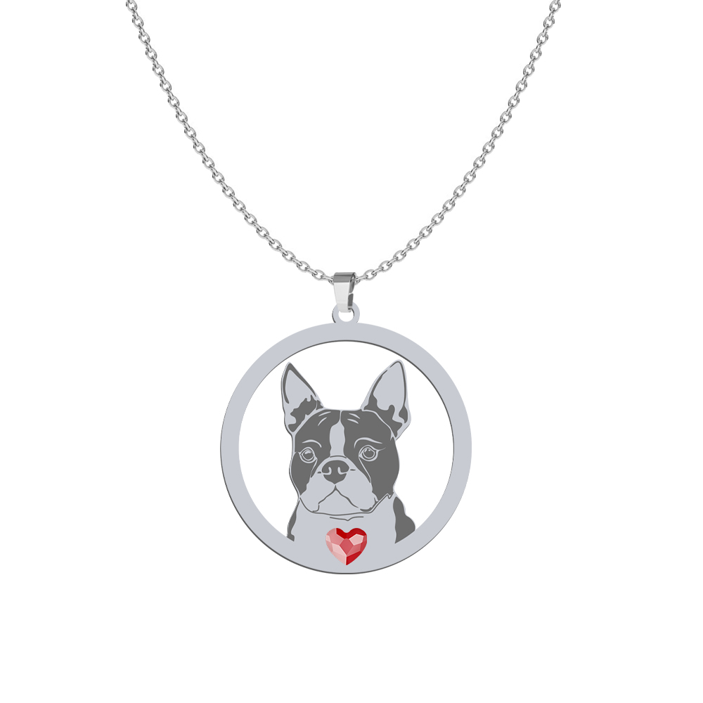 Silver Boston Terrier engraved necklace with a heart - MEJK Jewellery