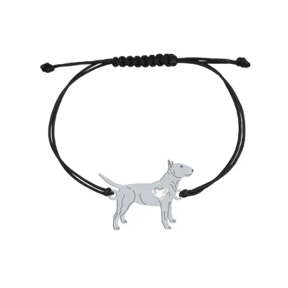 Bransoletka z psem sercem Bulterier Miniaturowy srebro sznurek GRAWER GRATIS - MEJK Jewellery