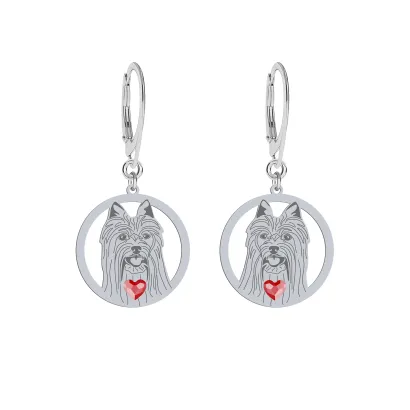 Silver Australian Silky Terrier engraved earrings with a heart - MEJK Jewellery