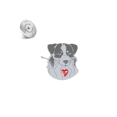 Silver Mini Aussie Shepherd pin with a heart - MEJK Jewellery