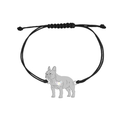 Silver French Bulldog string bracelet with a heart, FREE ENGRAVING - MEJK Jewellery