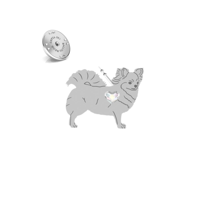 Silver Long-haired Chihuahua pin with a heart - MEJK Jewellery