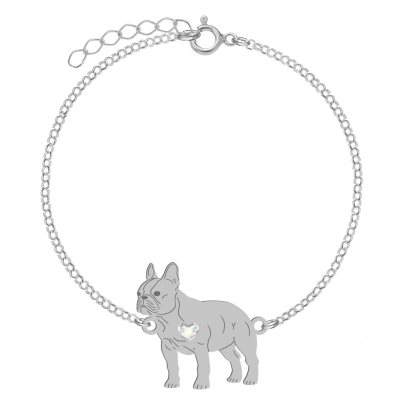 Silver French Bulldog bracelet with a heart, FREE ENGRAVING - MEJK Jewellery
