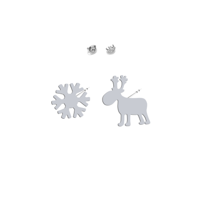 Kolczyki Renifer i Płatek śniegu srebro  pozłacane Boże Narodzenie