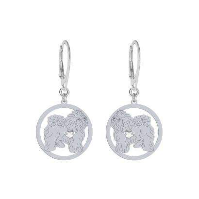 Silver Bichon Bolognese Dog earrings with a heart FREE ENGRAVING - MEJK Jewellery