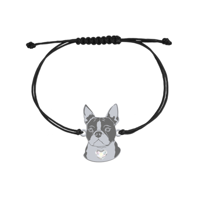 Bransoletka z psem Boston Terrier srebro sznurek GRAWER GRATIS - MEJK Jewellery