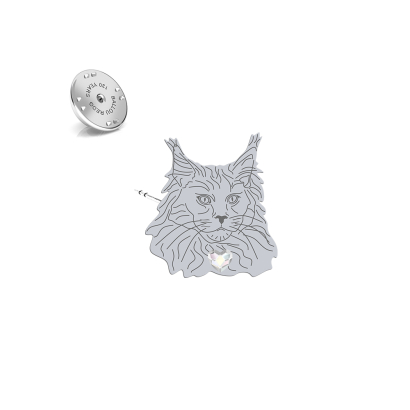 Silver Maine Coon Cat pin with a heart - MEJK Jewellery