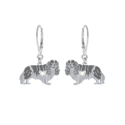 Silver Cavalier King Charles Spaniel earrings with a heart, FREE ENGRAVING - MEJK Jewellery