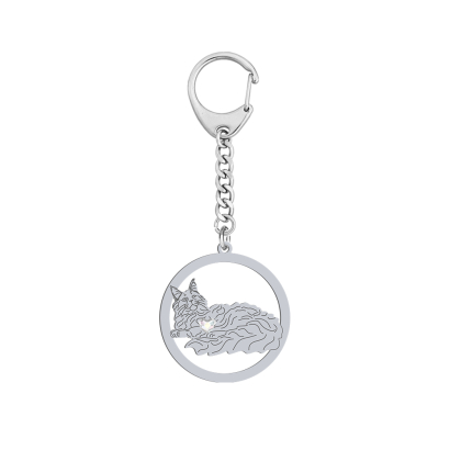 Silver Maine Coon Cat keyring with a heart, FREE ENGRAVING - MEJK Jewellery