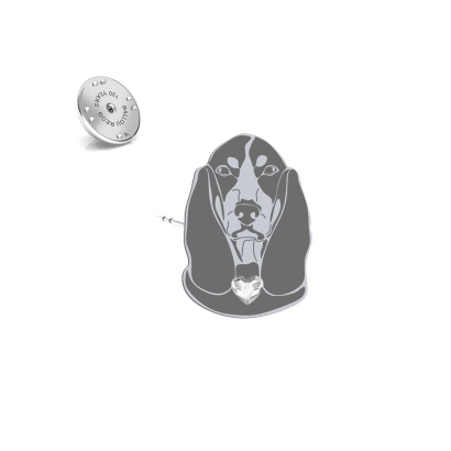 Silver Basset Bleu de Gascogne jewellery pin with a heart - MEJK Jewellery