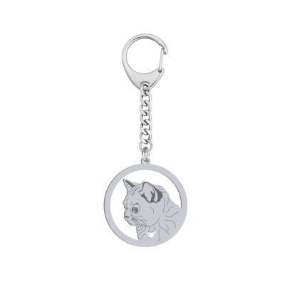 Silver British Shorthair Cat keyring with a heart, FREE ENGRAVING - MEJK Jewellery