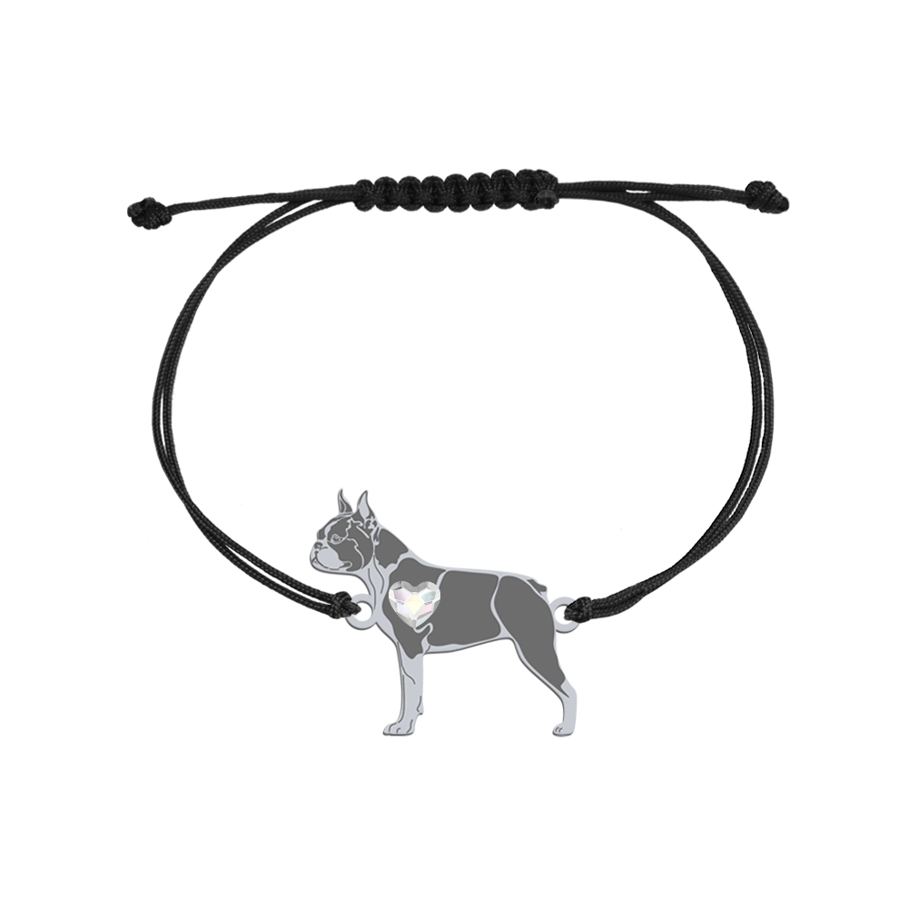 Silver Boston Terrier string bracelet with a heart, FREE ENGRAVING - MEJK Jewellery