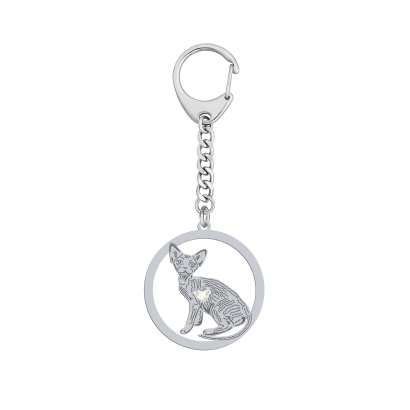 Silver Devon Rex Cat keyring with a heart, FREE ENGRAVING - MEJK Jewellery
