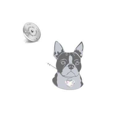 Silver Boston Terrier jewellery pin with a heart - MEJK Jewellery