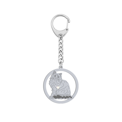 Silver Siberian Cat keyring with a heart, FREE ENGRAVING - MEJK Jewellery