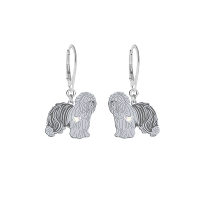 Silver Old English Sheepdog earrings with a heart, FREE ENGRAVING - MEJK Jewellery