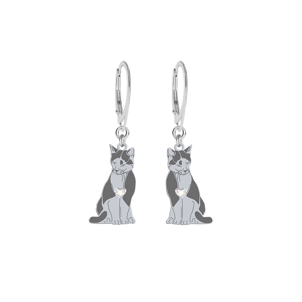 Kolczyki z Kotem Domowym TUXEDO CAT srebro serce GRAWER GRATIS - MEJK Jewellery