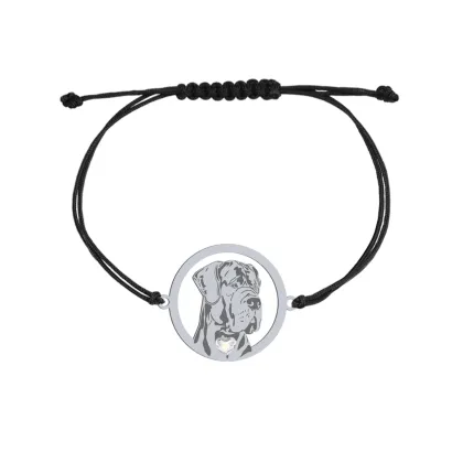 Silver Great Dane engraved string bracelet with a heart - MEJK Jewellery