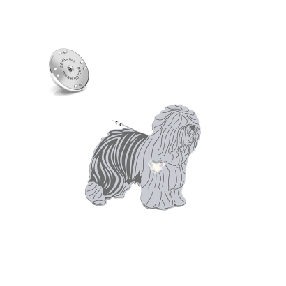 Silver Old English Sheepdog pin with a heart - MEJK Jewellery