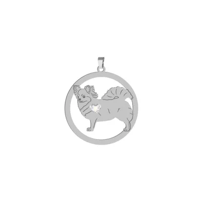 Silver Long-haired Chihuahua pendant with a heart, FREE ENGRAVING - MEJK Jewellery