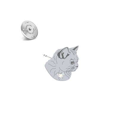 Silver British Shorthair Cat pin with a heart - MEJK Jewellery