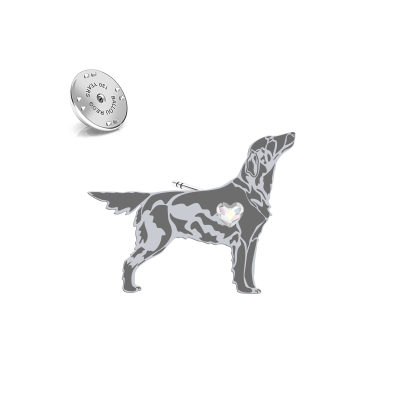 Silver Flat Coated Retriever pin with a heart - MEJK Jewellery