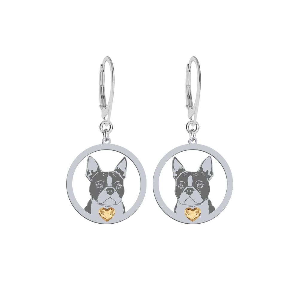 Silver Boston Terrier earrings with a heart, FREE ENGRAVING - MEJK Jewellery