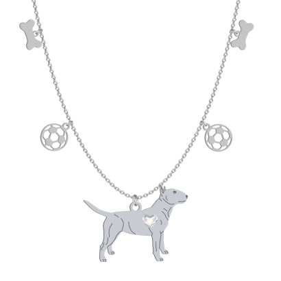 Silver Miniature Bull Terrier necklace with a heart, FREE ENGRAVING - MEJK Jewellery