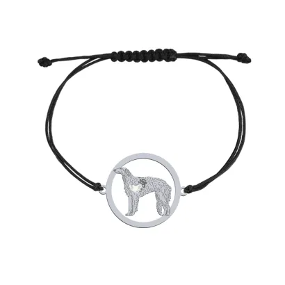 Silver Borzoj engraved string bracelet with a heart - MEJK Jewellery
