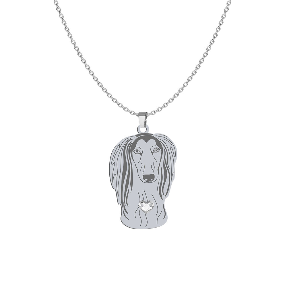 Silver Saluki engraved necklace with a heart - MEJK Jewellery