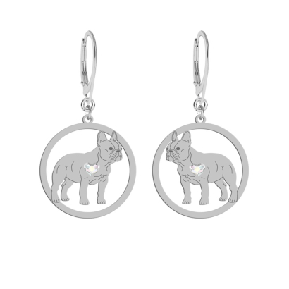 Silver French Bulldog earrings with a heart, FREE ENGRAVING - MEJK Jewellery