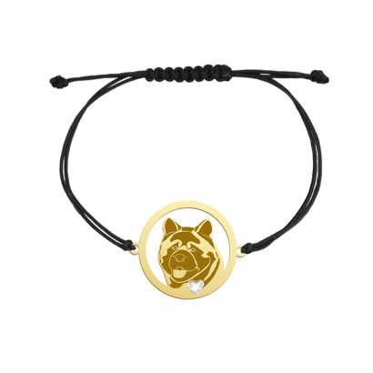 Bransoletka z psem American Akita Pozłacane Srebro sznurek GRAWER GRATIS - MEJK Jewellery