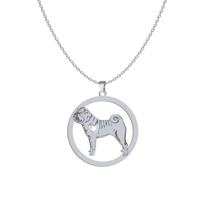Silver Shar Pei necklace with a heart, FREE ENGRAVING - MEJK Jewellery