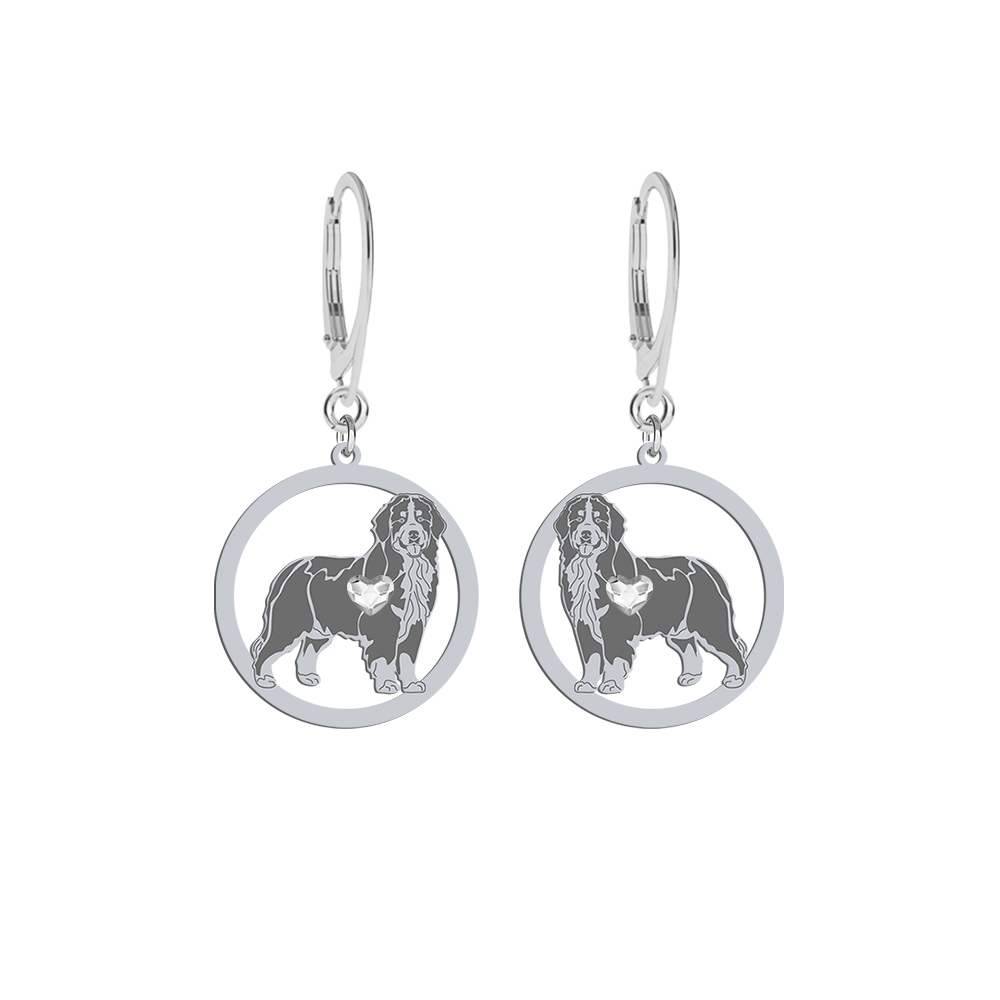 Silver Bernese Mountain Dog engraved earrings with a heart - MEJK Jewellery