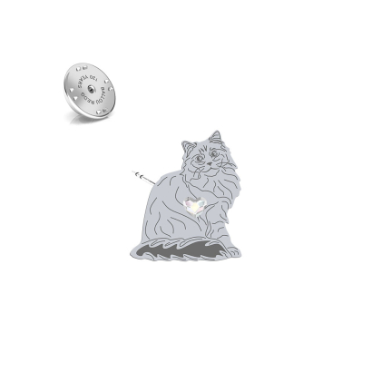Silver Siberian Cat pin with a heart - MEJK Jewellery