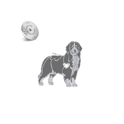 Silver Bernese Mountain Dog jewellery pin with a heart -  MEJK Jewellery