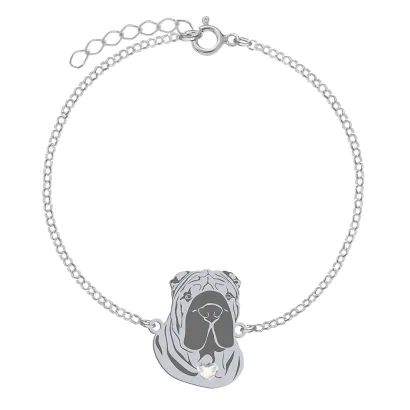 Silver Shar Pei bracelet with a heart, FREE ENGRAVING - MEJK Jewellery