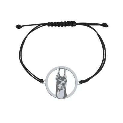 Bransoletka z psem Doberman srebro sznurek GRAWER GRATIS - MEJK Jewellery