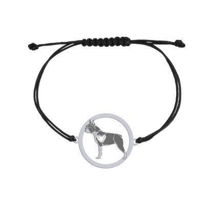 Silver Boston Terrier string bracelet with a heart, FREE ENGRAVING - MEJK Jewellery