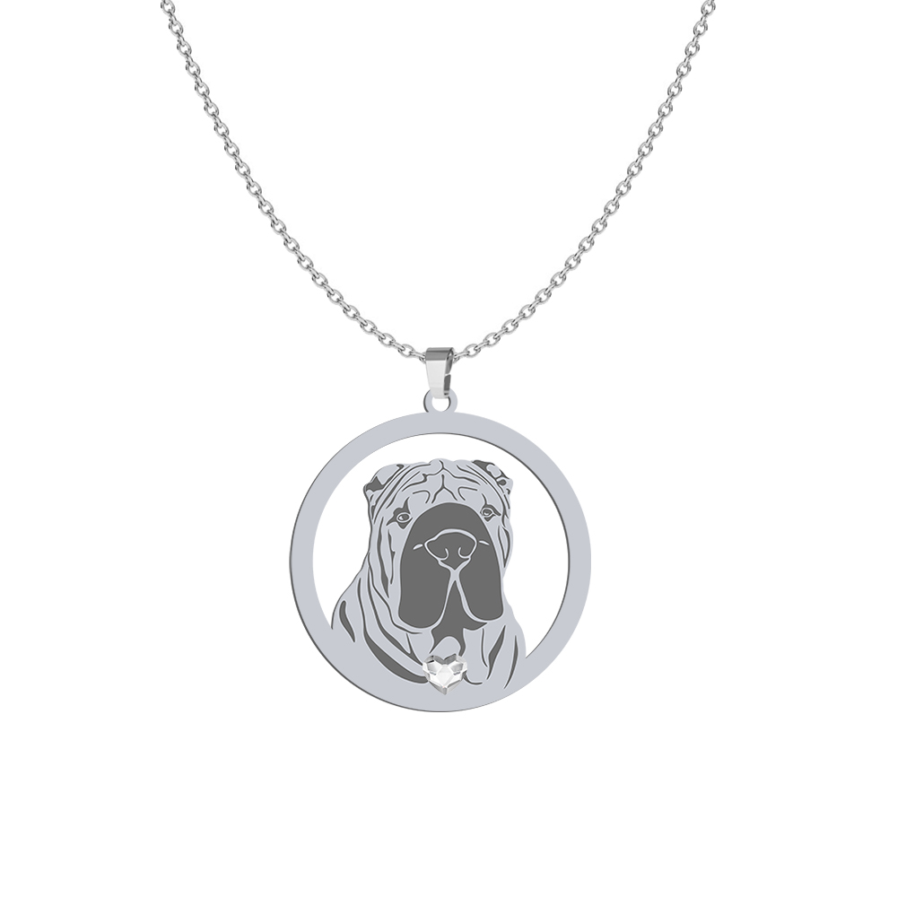 Silver Shar Pei necklace with a heart, FREE ENGRAVING - MEJK Jewellery