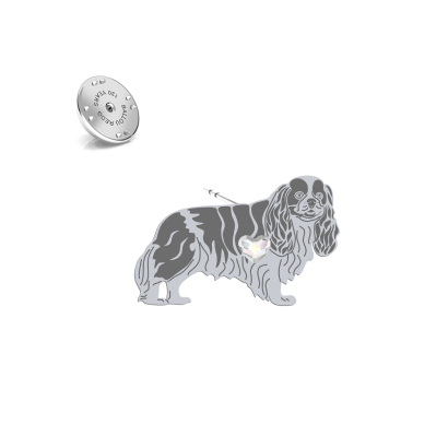 Silver Cavalier King Charles Spaniel pin with a heart - MEJK Jewellery