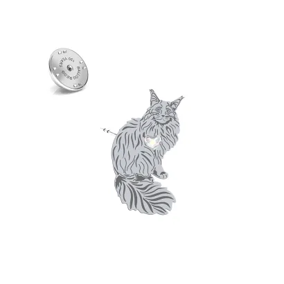 Silver Maine Coon Cat pin with a heart - MEJK Jewellery