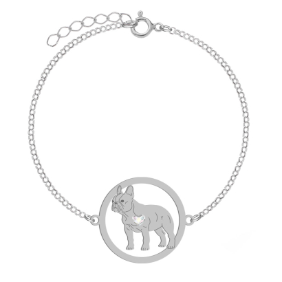 Silver French Bulldog engraved bracelet with a heart - MEJK Jewellery