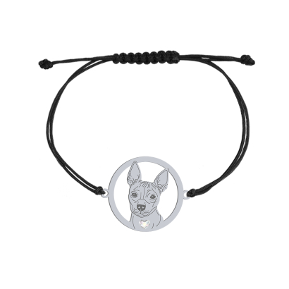 Silver American Hairless Terrier engraved string bracelet with a heart - MEJK Jewellery