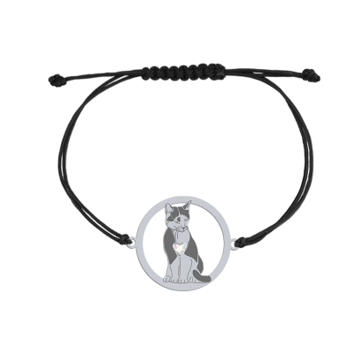 Silver Tuxedo Cat string bracelet, FREE ENGRAVING - MEJK Jewellery