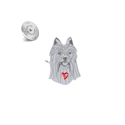 Silver Australian Silky Terrier pin with a heart - MEJK Jewellery