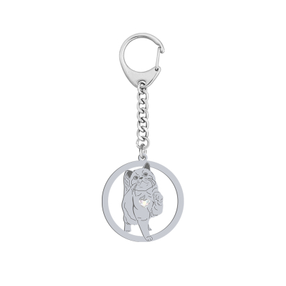 Silver British Shorthair Cat keyring with a heart, FREE ENGRAVING - MEJK Jewellery
