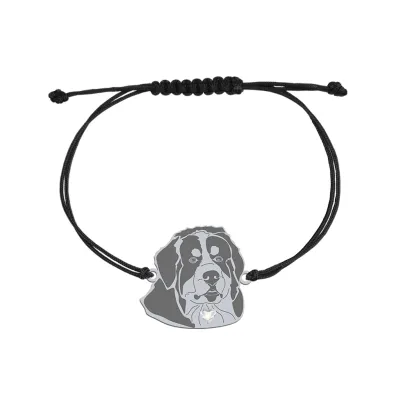 Silver Bernese Mountain Dog engraved string bracelet with a heart - MEJK Jewellery